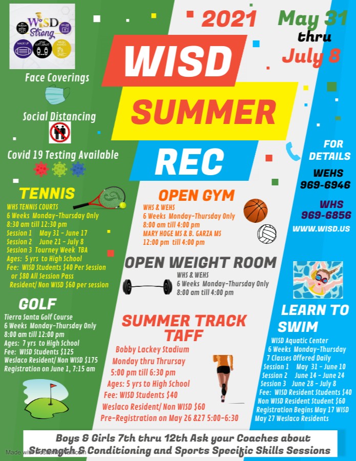 WISD Summer Rec is back! Looking for a program to keep your kids active this summer? WISD is offering tennis, golf, summer track, swimming lessons, open gym, and open weight room! For more details contact WEHS at 969-6946 or WHS at 969-6856.