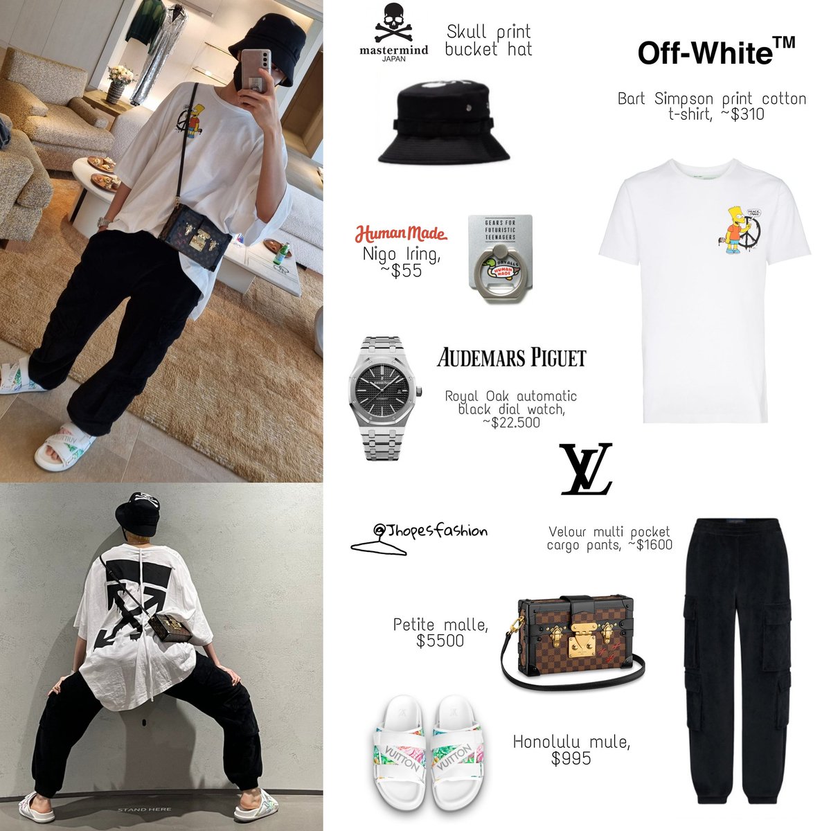 j-hope's closet (rest) on X: Hoseok's LV bag, pants & mule, AP watch,  Off-White t-shirt, Mastermind bucket hat and Human Made ring 210524 -  Twitter Weverse post #Jhope #제이홉 #Jhopefashion #BTS   /