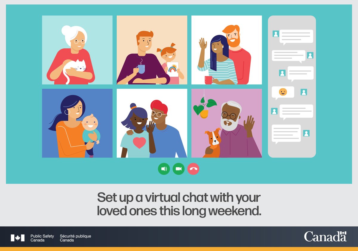 Icon of people videochatting. Text reads “ Set up a virtual chat with your loved ones this long weekend.”