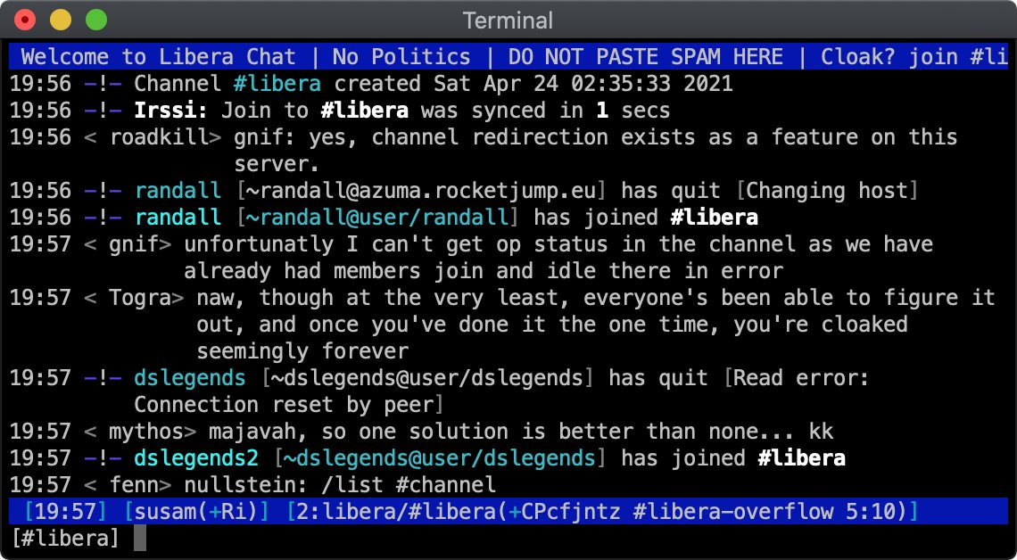 susam's tweet photo. To quickly try out @LiberaChat, install Irssi, e.g., apt-get install irssi, brew install irssi, etc. Then enter:

irssi -c https://t.co/2vWyQqp5DM

Join some channels:

/join #libera
/join #irssi
/join #linux
/join #python

Send me a message if you need help:

/msg susam hello https://t.co/xqxz4IKqvV
