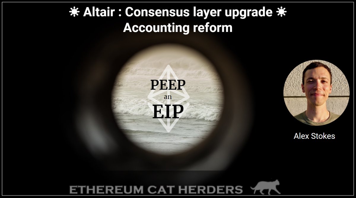 ☀️Altair special☀️
<a href="/ralexstokes/">stokes</a> joining us #PEEPanEIP on May 26 at 2:30 pm EST to provide an overview of the Consensus layer upgrade with a focus on the reward changes. If you've got a question related to Eth2 and features expected in #Altair, share with <a href="/EthCatHerders/">EthCatHerders</a>
#Ethereum