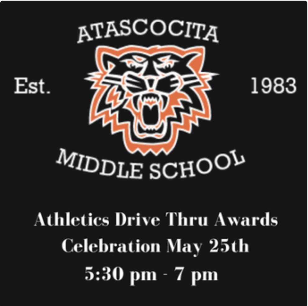 Athletics Drive Thru Awards May 25th. Athletics Drive Thru Awards will be May 25th from 5:30-7pm through the bus lane. ⚽️🏀🏈🏐🏃🏽‍♂️🏃🏻‍♀️ #OutstandingAthletes #AtascaTigers