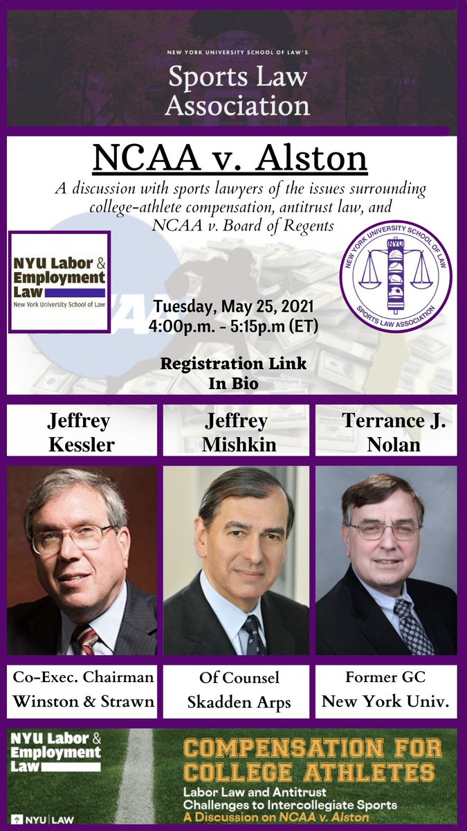 Join us tomorrow <a href="/4pm/">4pm</a> for a special discussion on the Supreme Court case NCAA v. Alston, featuring distinguished sports lawyers Jeffrey Kessler (Winston &amp; Strawn) and Jeffrey Mishkin (Skadden Arps).

This webinar is applying for 1 NY CLE Credit.

Registration link in bio.
