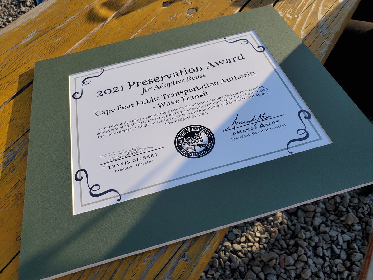 A special thank you to @builthistoryILM for recognition and nomination of Padgett Station, our downtown transfer center, for the #2021HistoricPreservationAward under the category of adaptive reuse. Come visit us: 520 N. 3rd St. #1938 #vwgarage #monteith