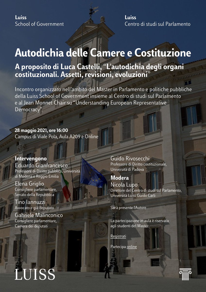 Castelli_L's tweet photo. Vi aspetto venerdรฌ alla presentazione del mio libro sullโautodichia degli organi costituzionali nellโambito del #Mappp della @LUISSSoG https://t.co/BAr9AMbmNt