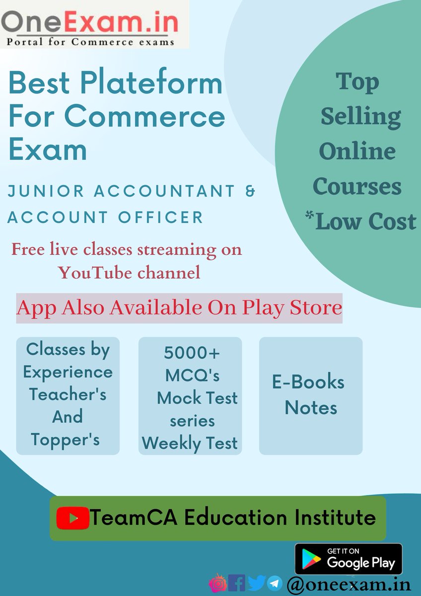 OneExamin's tweet image. #OneExam #TeamCA #commerce #Exams2021 #Onlineclass #Online #free #classes #junioracountant #accountant #accountofficer