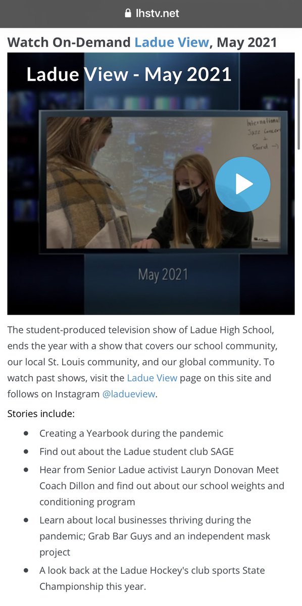 ladueview's tweet photo. Our student-produced TV show Ladue View https://t.co/dDHnm71ZnB ends the year with a show that covers our school, our local St. Louis community, &amp; global issues. To watch past shows, visit the Ladue View page &amp; follow us on Instagram &amp; Twitter @ladueview. #powerofvideo #jea https://t.co/xrnDsf4eQ7