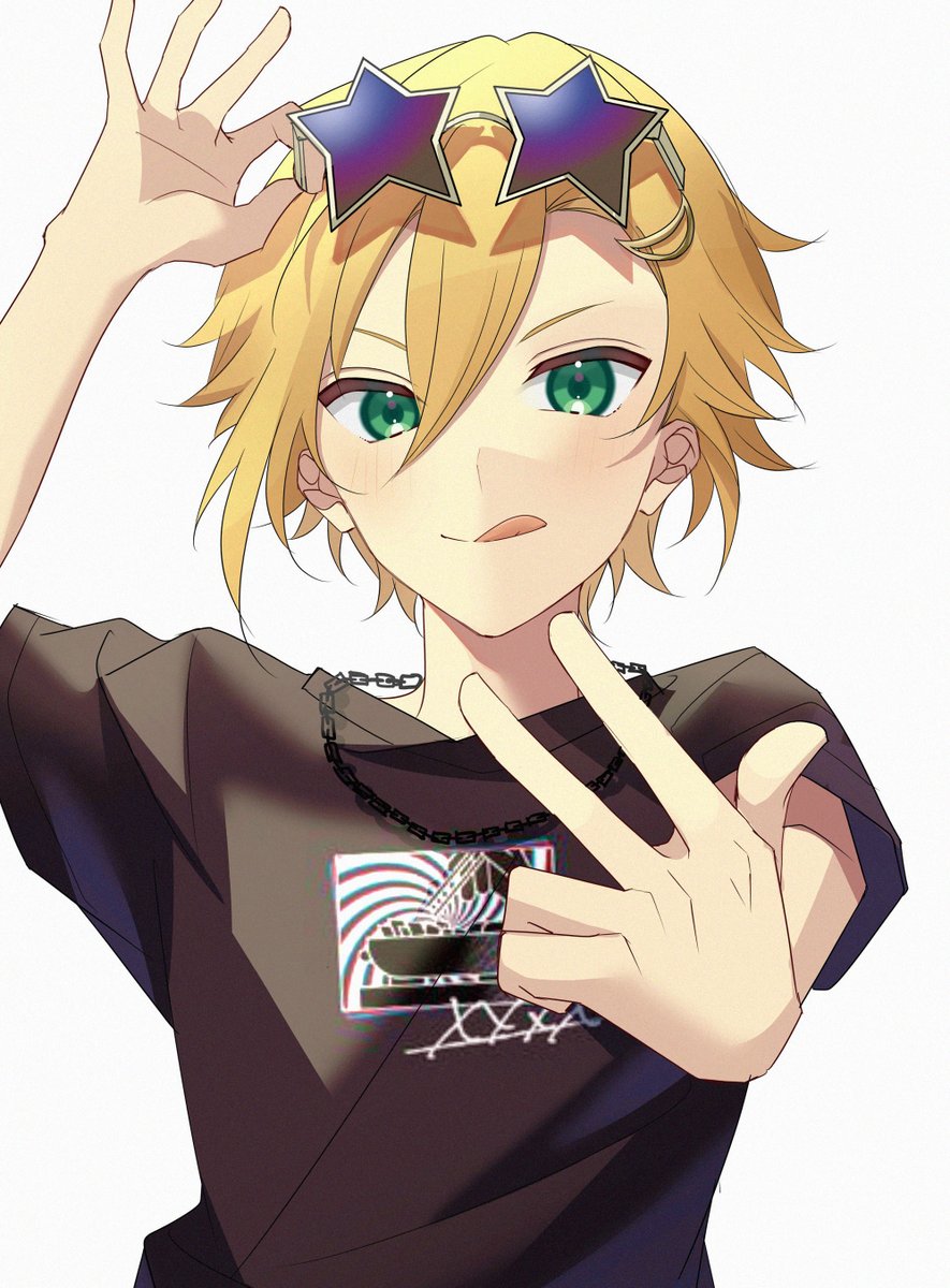 1boy male focus green eyes tongue out tongue blonde hair solo  illustration images