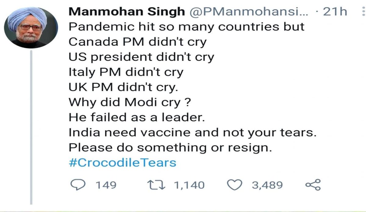 mahsoomcp's tweet photo. Straight on Face !
Well raised @PManmohansingh
#modicrying #shameonyoumodi
#ResignModi #failuremodi #CrocodileTears https://t.co/i34A1oRerP