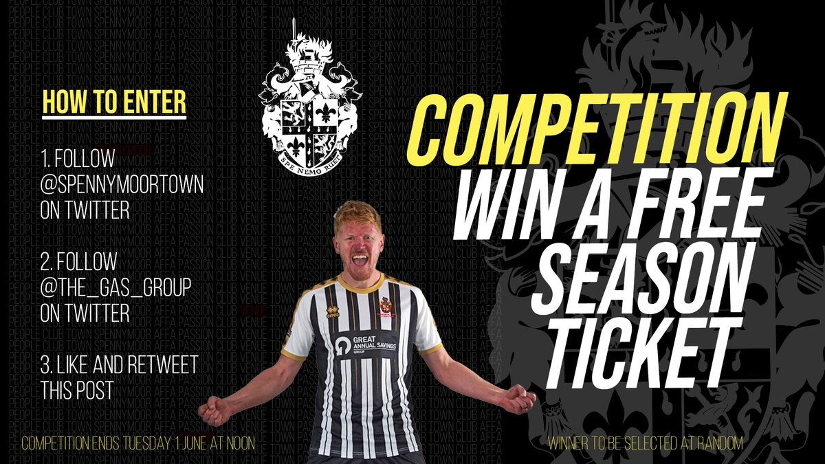 Spennymoor Town FC (@spennymoortown) on Twitter photo 🚨 COMPETITION TIME
Win a free 2021/22 season ticket! 🎟️
How to enter:
1⃣ Follow <a href="/SpennymoorTown/">Spennymoor Town FC</a>
2⃣ Follow <a href="/The_GAS_Group/">Great Annual Savings</a>
3⃣ Like and retweet this post
You have until Tuesday 1 June at noon to enter!
A winner will be selected at random.
Good luck! 🙌
#YourSpennymoor 🚨 COMPETITION TIME
Win a free 2021/22 season ticket! 🎟️
How to enter:
1⃣ Follow <a href="/SpennymoorTown/">Spennymoor Town FC</a>
2⃣ Follow <a href="/The_GAS_Group/">Great Annual Savings</a>
3⃣ Like and retweet this post
You have until Tuesday 1 June at noon to enter!
A winner will be selected at random.
Good luck! 🙌
#YourSpennymoor