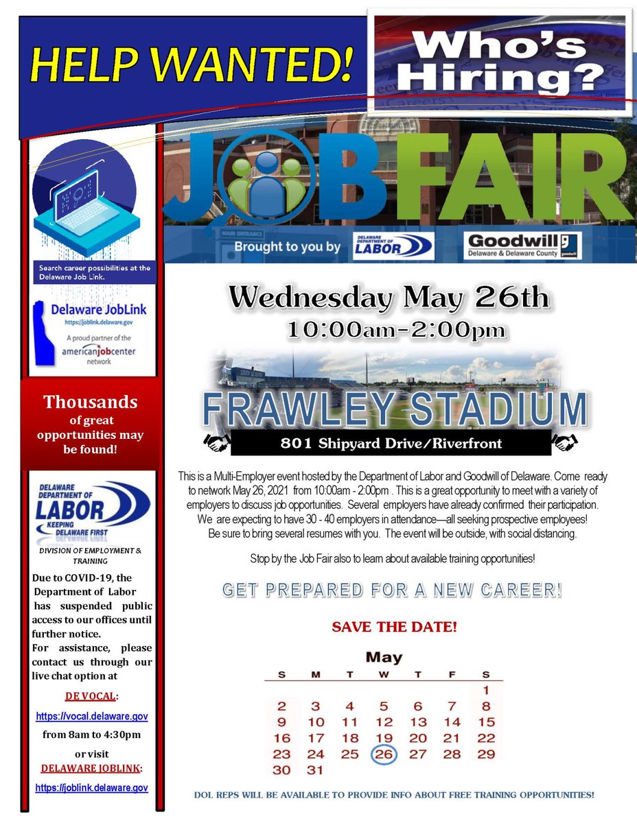 DelawareLabor's tweet photo. MULTI-EMPLOYER JOB FAIR at Frawley Stadium on May 26th from 10 am - 2 pm: We expect to have 30 - 40 employers in attendance—all seeking prospective employees! Be sure to bring several resumes with you. The event will be outside, with social distancing. https://t.co/sFjorRo32L https://t.co/hAUPFn78Tw