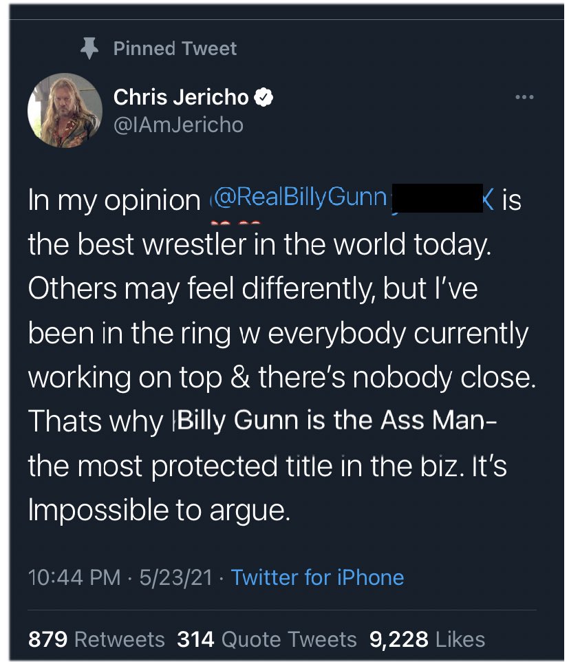 BillyGunnFact's tweet image. Wow maybe Chris Jericho isn’t a complete idiot after all.