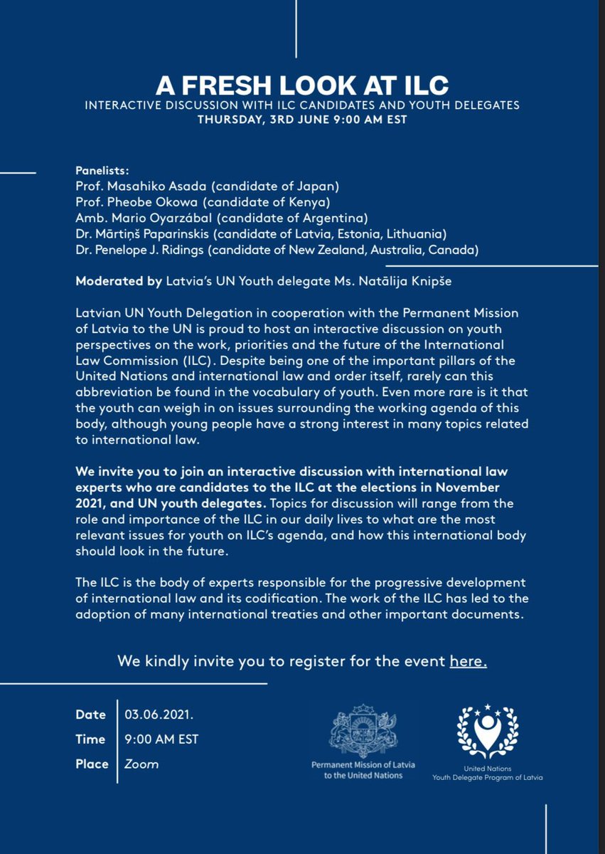 LatviaUN_NY's tweet photo. Join an interactive discussion “A Fresh Look at the ILC” with 🇦🇷🇯🇵🇰🇪🇱🇻🇳🇿 candidates to the International Law Commission ⚖️ and @UN Youth Delegates moderated by Latvia’s Youth Delegate @KnipseNatalija. We start on 3 June at 9.00 AM EST. 🗓 Register here: https://t.co/JULCEAdMBX https://t.co/ktAJjJKGOJ