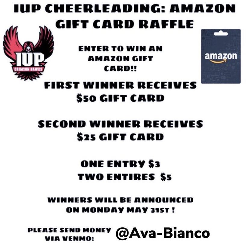 IUPcheerleading's tweet photo. Please join us in our latest fundraising event! Enter for a chance to win an Amazon gift card! We will be accepting entries all week. Thank you for your support! ♥️🤍🦅 https://t.co/bItNyCRCOw