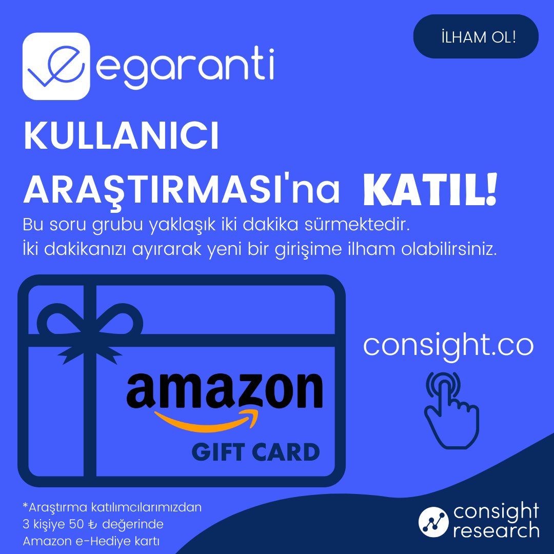 consightco's tweet photo. Sadece iki dakikanı ayırarak bir girişim fikrine ilham olmak istemez misin?

Sen de egaranti girişimine ilham olmak için websitemizden araştırmaya katıl, fikirlerini belirt ve Amazon e-Hediye kartı kazanacak 3 kişiden biri ol!
👇🏻👇🏻👇🏻
https://t.co/enpPB7htjU https://t.co/xW1gQGM3IB