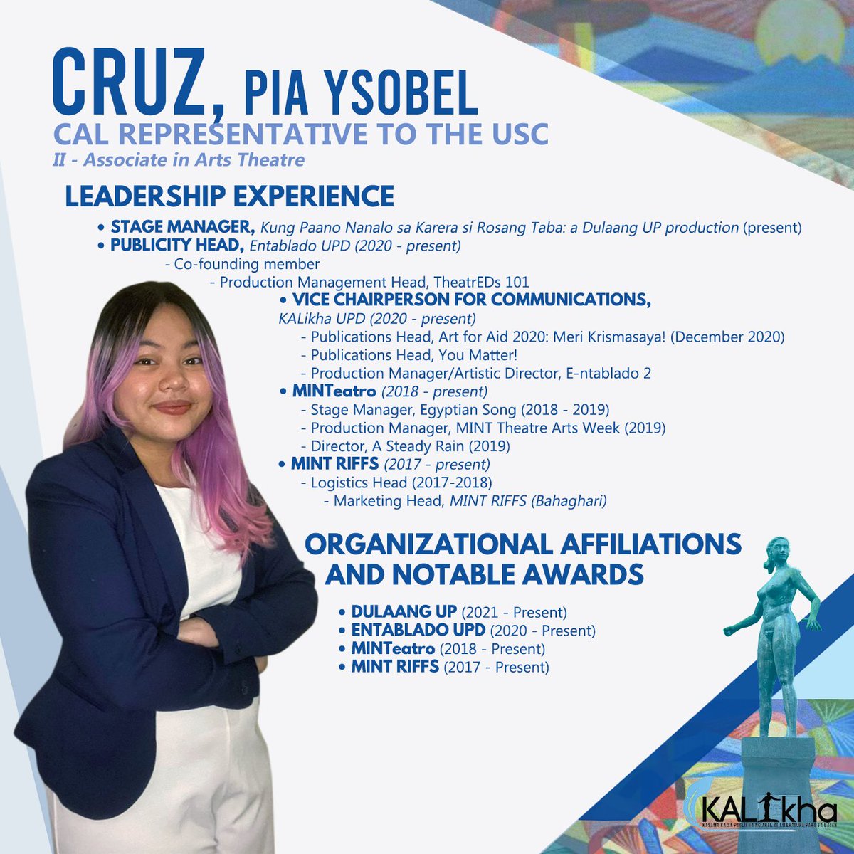 KALikhaUPD's tweet photo. Second year Associate in Arts Theatre at kasalukuyang Vice Chairperson for Communications ng KALikha, ang ating susunod na CAL Representative to the USC Pia Ysobel Cruz https://t.co/KZxyKdkgcM