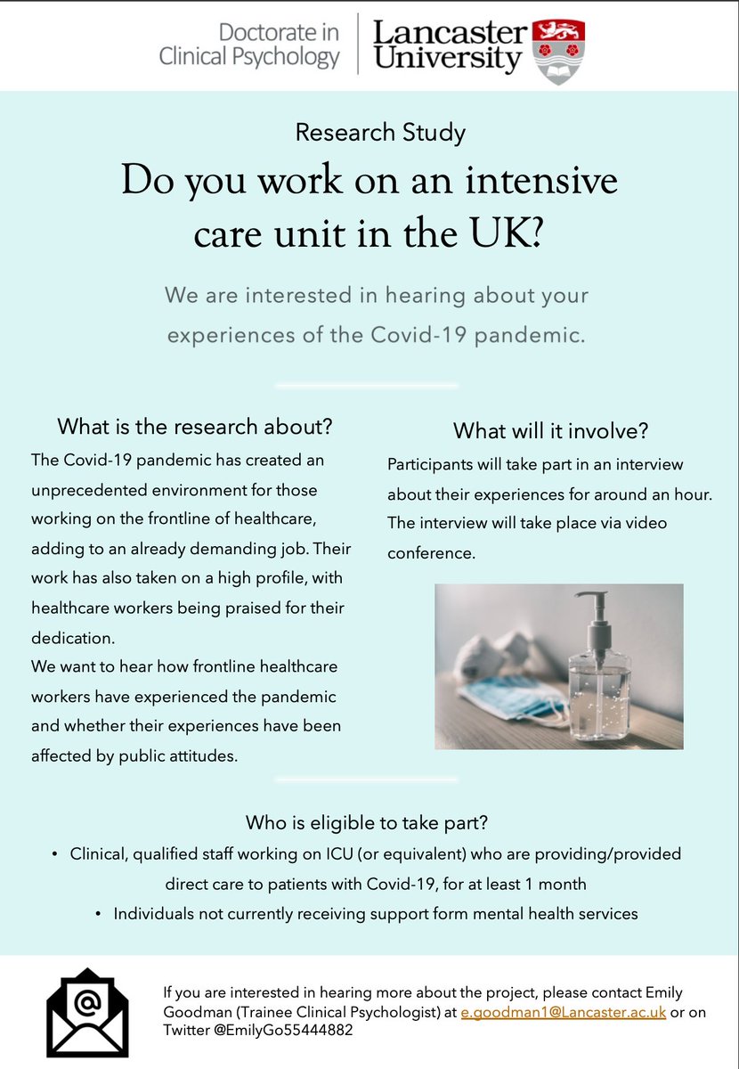 Are you a healthcare worker on an intensive care unit treating individuals with Covid-19? I am looking for English-speaking participants to talk via video call or telephone about their experiences of the pandemic. Please see advert for contact details.