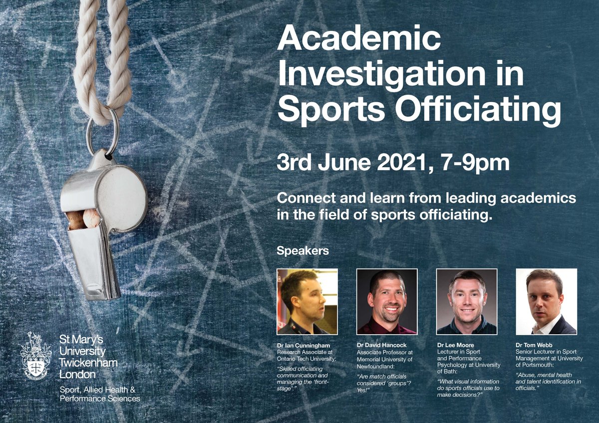 MOfficiating's tweet photo. Interested in sports officiating? ✅
Want to hear from leading academics in this field? ✅
Have a couple of hours spare on Thursday, 3rd June from 7-9pm? ✅

Then you won't want to miss this webinar! Register here: https://t.co/kWMvDkVbhI https://t.co/6puE3GyXUn