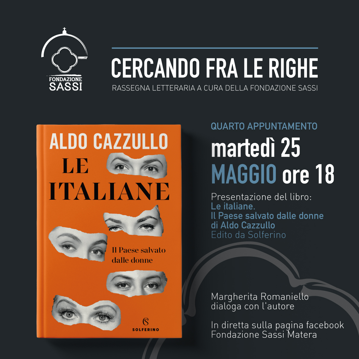 📣Domani, martedì 25 maggio alle 18, l'ultimo imperdibile appuntamento della rassegna di video incontri letterari #cercandofralerighe  Ospite​ #AldoCazzullo​, <a href="/margi681/">margi68</a> intervista in diretta l'autore de #LeItaliane #seguiteci al link facebook.com/FondazioneSass…