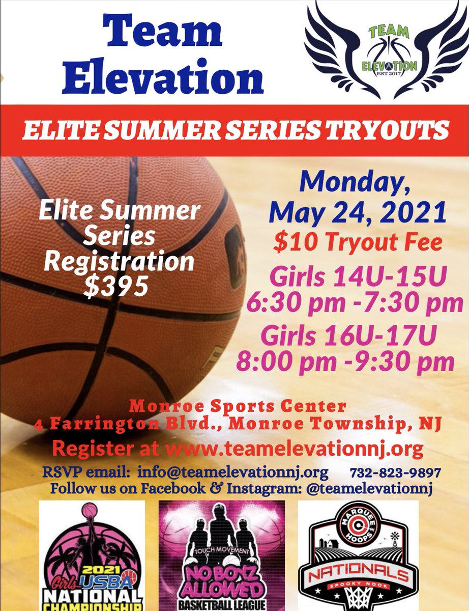 Calling all 14u to 17u girls that’s looking to play competitive basketball this summer. Our Summer Elite tryouts is tonight. This team will give you the chance to showcase your talent and compete at a high level. Go to our website to register. teamelevationnj.org
