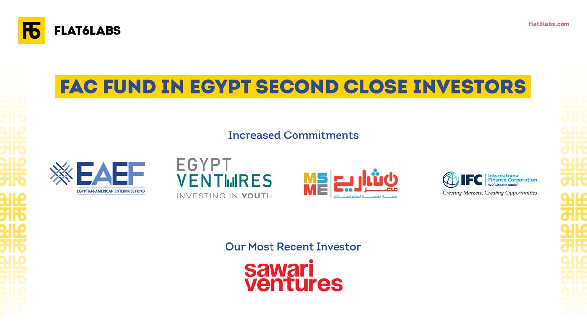 Flat6Labs's tweet photo. A special thank you to our friends & investors @sawariventures, @IFC_org #EgyptVentures, @EAEFund & @msmeda_eg for making this new milestone possible where we will continue supporting Egypt’s entrepreneurs to grow and reach unprecedented success.
#flat6labs #FAC2ndClose https://t.co/aoUG7XnW3Q