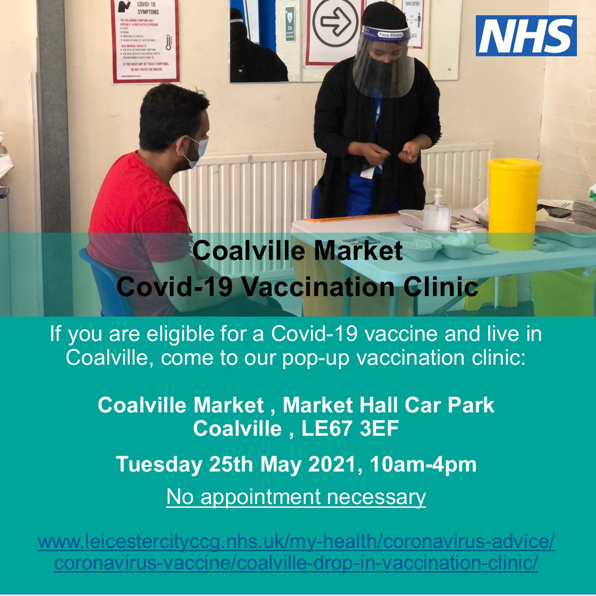 On Tuesday 25th May, we will be holding a #COVID19 vaccine drop-in clinic at Coalville Market between 10am-4pm.

The clinic is for anyone who lives Coalville and are eligible for the vaccine. 

For more info visit: ow.ly/iZli50ESeNT 

<a href="/NWLeics/">NWL District Council</a>