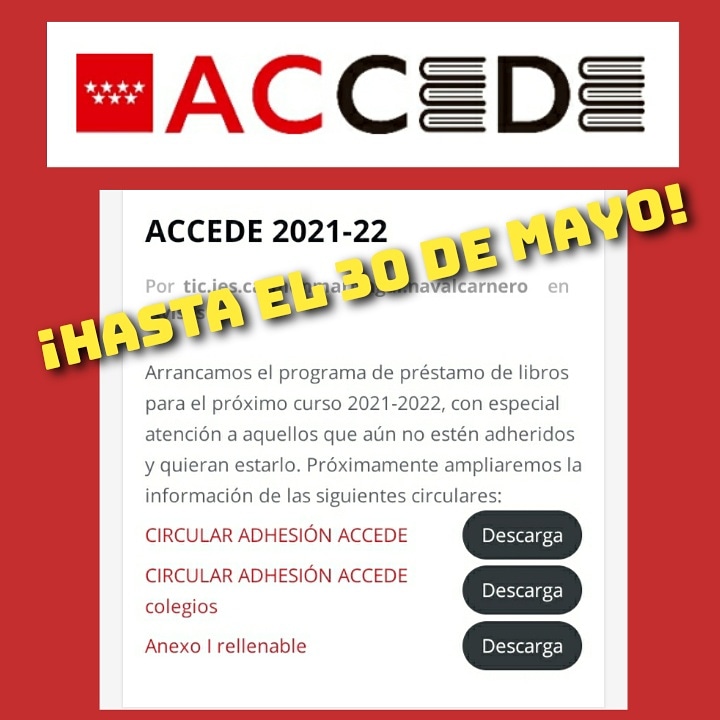 AmpaGaite's tweet photo. Tienes toda la información sobre el programa ACCEDE en la web del instituto.
Y recuerda que tienes hasta el día 30 para adherirte al programa si no perteneces ya a él.
https://t.co/lY1jg4s0SZ
#programaACCEDE
#IESGaiteNavalcarnero
#IESCarmenMartinGaite https://t.co/hltFKuYtP1