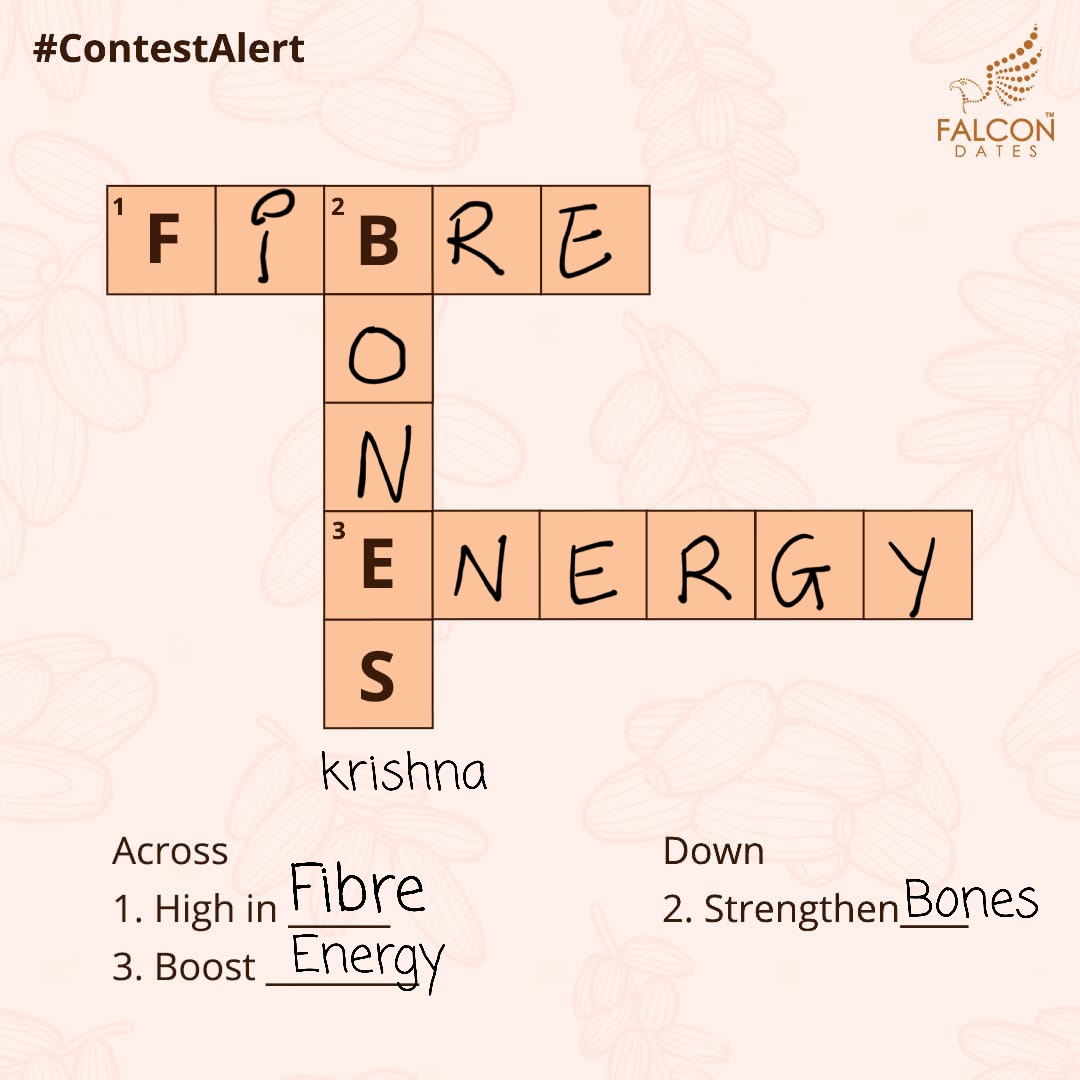 krish23jr's tweet photo. @FalconDates Across>
1) Fibre
3) Energy
Down>
2) Bones
@FalconDates
#KhajurDates
#Falcondates
#crosswordpuzzle
#stayhealthy #healthy #challenge #trivia
@KunalWakkar
@raverrahul
@AjeshAsari
@yajvin_p
@Sankket_A https://t.co/mNM0h10iS8