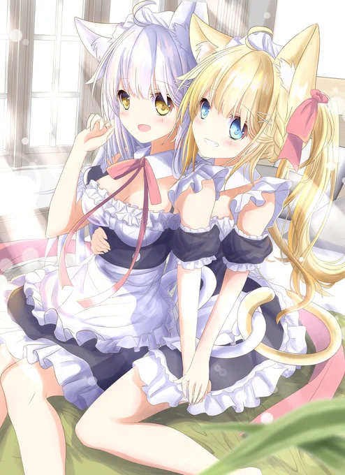 猫耳メイド金銀髪ちゃん #女の子 #オリジナル #金髪 #銀髪 #メイド #猫耳娘 https://t.co/p5TWrgQaLK 