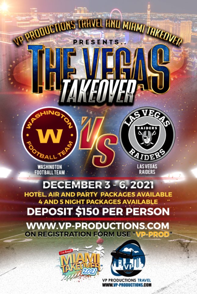 VinceVPProd's tweet photo. Washington Football Team vs Las Vega Raiders.  Book Now!  Packages are Going By the Dozens!https://t.co/nL2WV0hHJv https://t.co/TdqMenjvUZ https://t.co/rLAWOsLAVZ