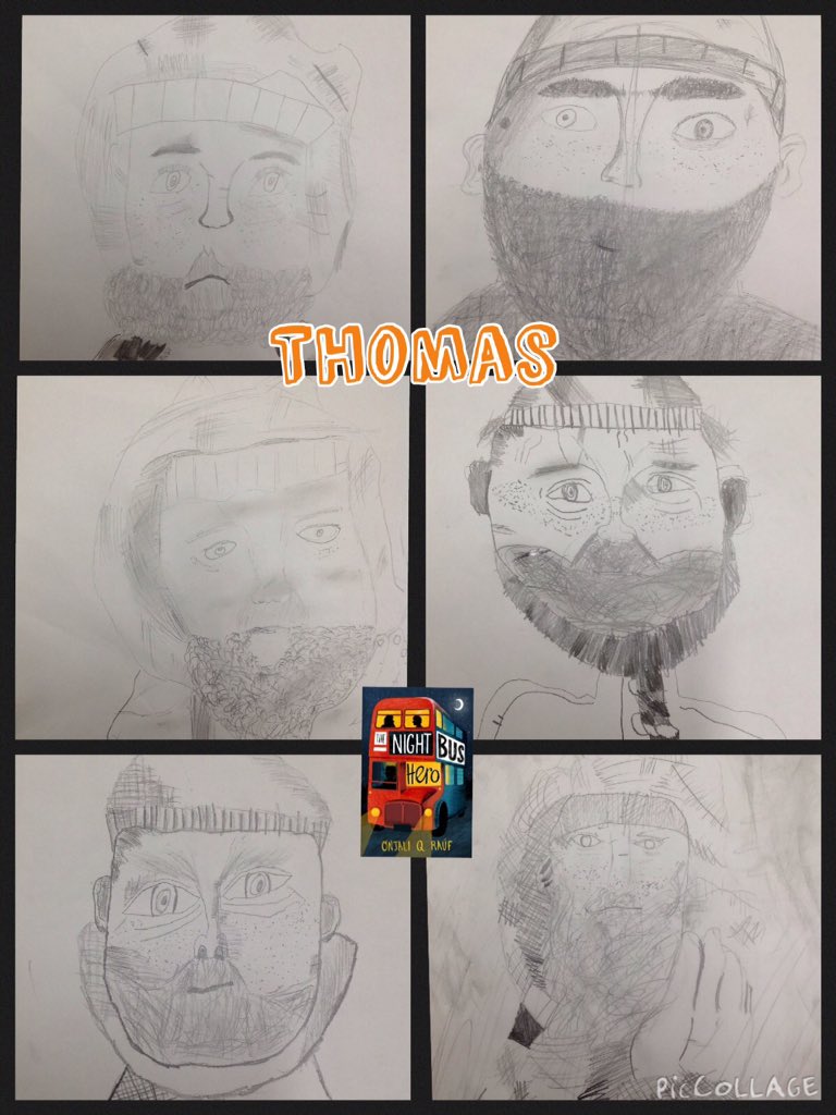 YR5PDCS's tweet photo. Some super artwork to kick off the week! Y5 @PDCSPrimary have thoroughly enjoyed using their #readingbehaviour #visualisation &amp; sketching skills to produce portraits of Thomas @OnjaliRauf #NightBusHero #expressivearts https://t.co/CMQBD9g8mi