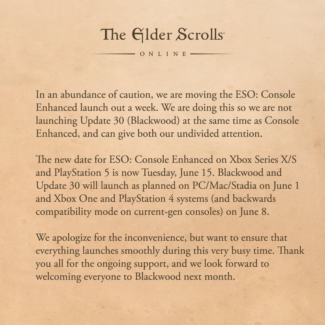The Elder Scrolls Online On Twitter The Elder Scrolls Online Console Enhanced Will Now Launch June 15 Https T Co Zcbywxcx2i