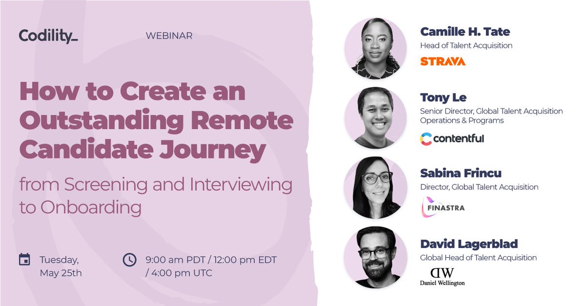 codility's tweet image. Looking to improve your #candidateexperience when hiring #techtalent remotely? 

Today is your LAST CHANCE to register for our free #webinar on creating an amazing #remotehiring process with speakers from @Strava, @contentful, @FinastraFS, &amp;amp; @itisDW! 

bit.ly/3w64ZCV