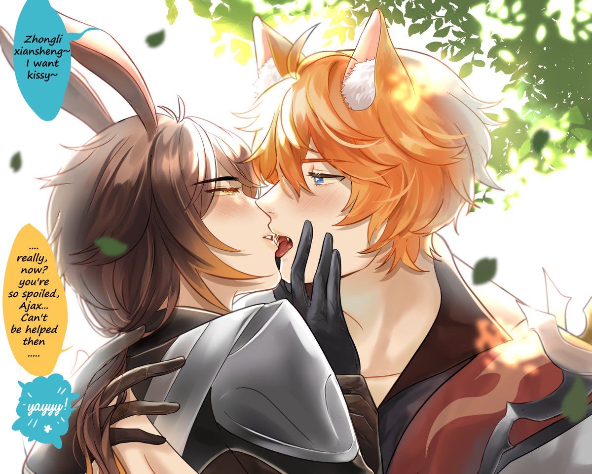 タルタリア(原神) ,鍾離|しょうり(原神) 「I'm late for kiss day.. but it's ok bc t」|rie @ cf16 E25-26ab !🔥のイラスト