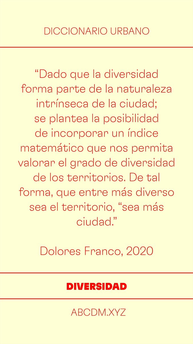 AbcdmXyz's tweet photo. "parte de la naturaleza intrínseca de la ciudad; se plantea la posibilidad de incorporar un índice matemático que nos permita valorar el grado de diversidad de los territorios."
Dolores Franco
#ABCDMXYZ | #diversidad
https://t.co/gPeRIvrfxs https://t.co/MubRlnQYUV