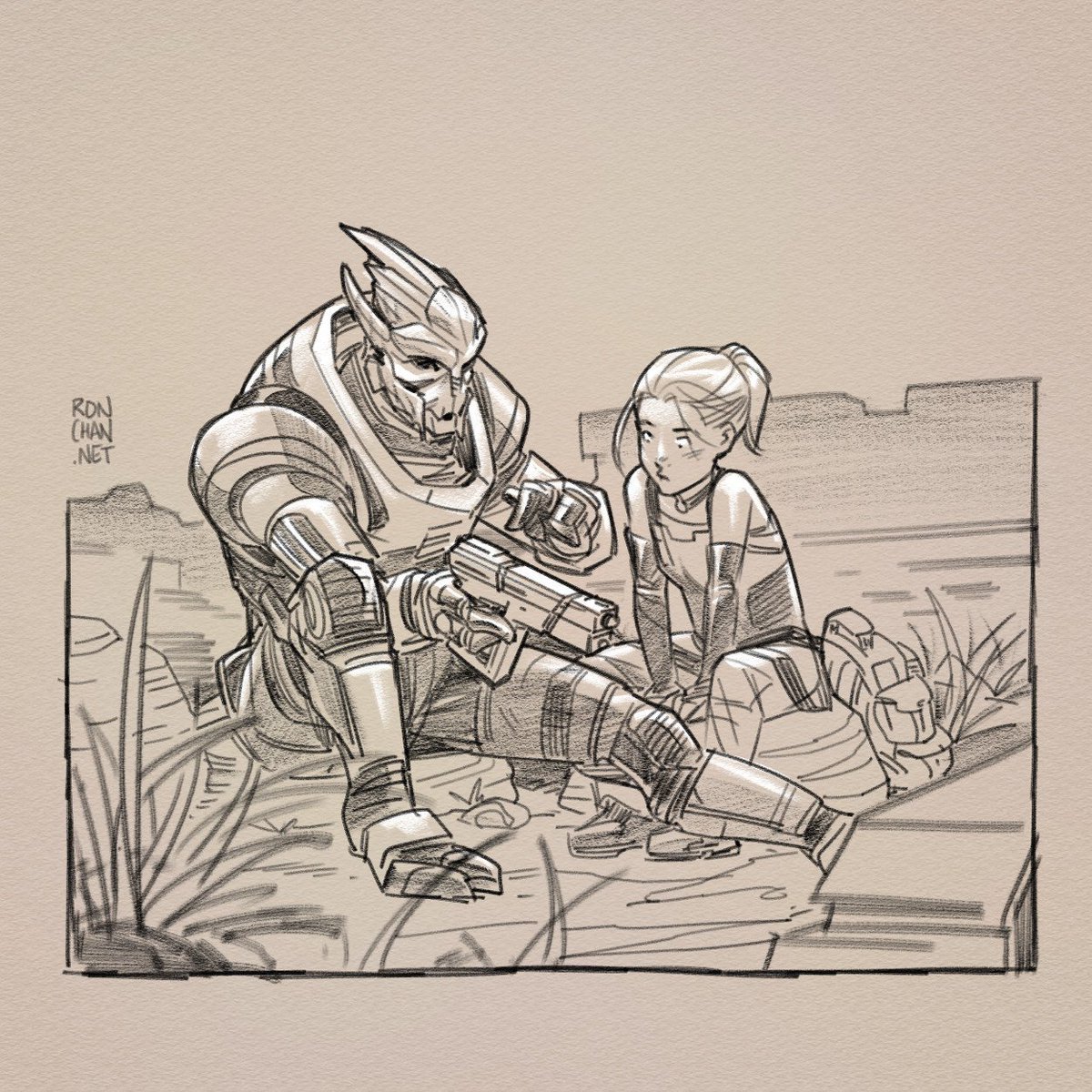 RonDanChan's tweet photo. Some old Mass Effect sketches. Imagining a TLOU-like DLC featuring these two NPCs from ME3! https://t.co/Oznwt5H2Ea