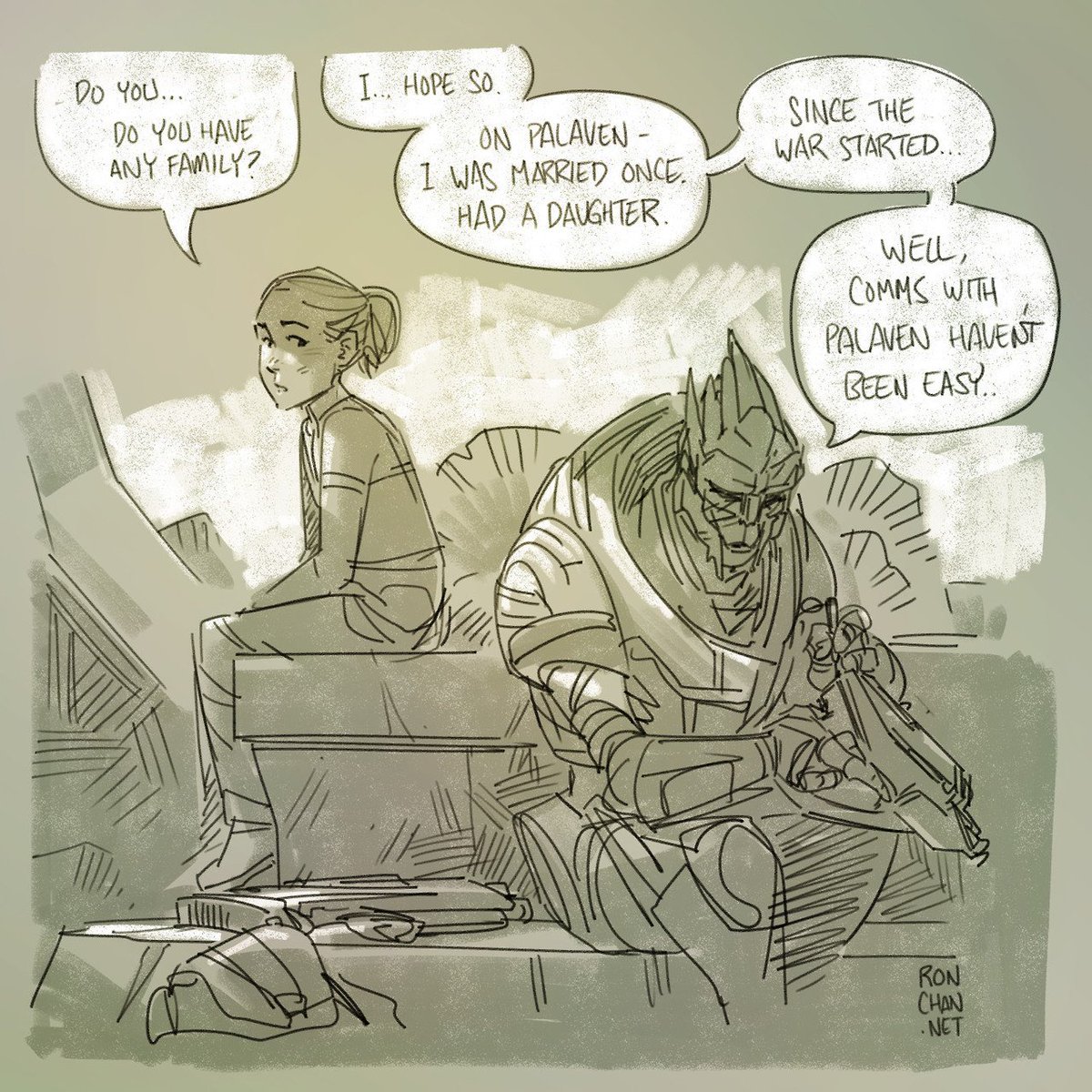 RonDanChan's tweet photo. Some old Mass Effect sketches. Imagining a TLOU-like DLC featuring these two NPCs from ME3! https://t.co/Oznwt5H2Ea