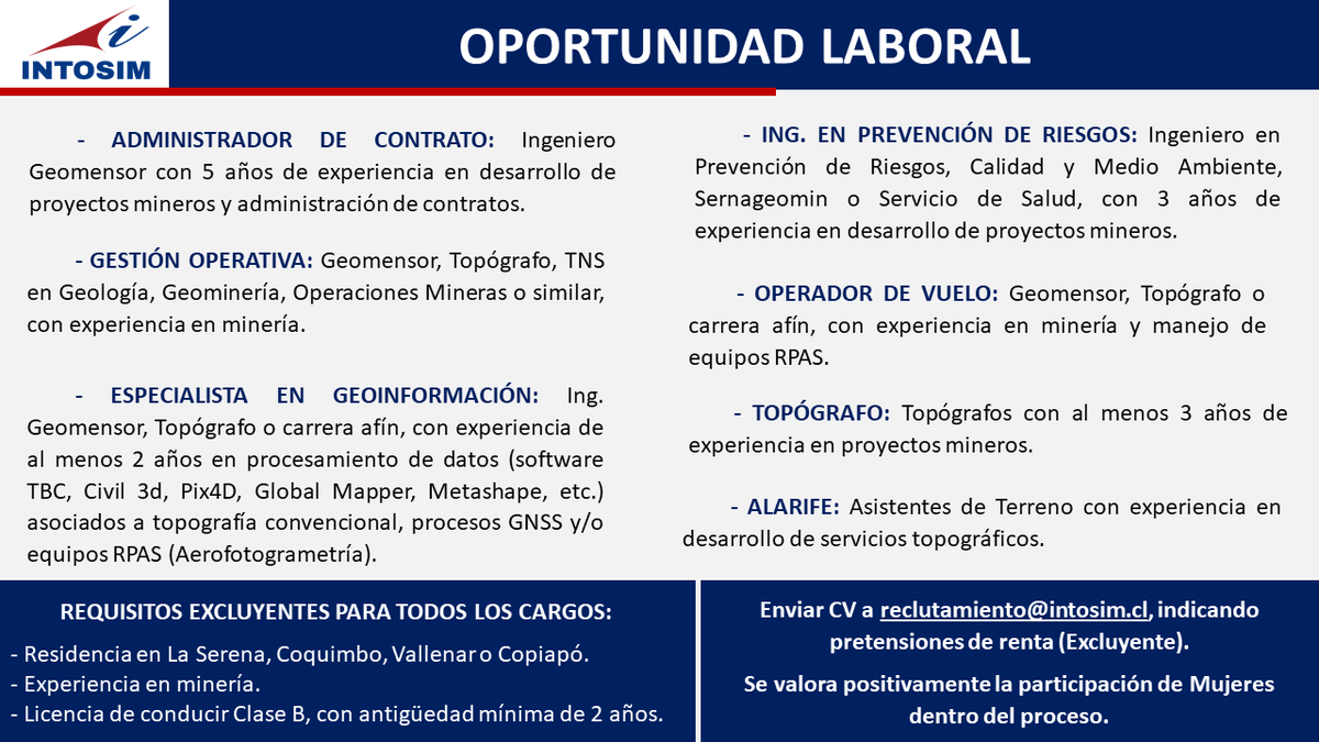 INTOSIM_ltda's tweet photo. OPORTUNIDAD LABORAL
Nos encontramos en búsqueda de los cargos mencionados en la imagen.
Interesados enviar CV a reclutamiento@intosim.cl indicando pretensiones de renta (excluyente).
Se valora positivamente la participación de mujeres en el proceso.
Ayúdanos a compartir! https://t.co/LBAd377FM5