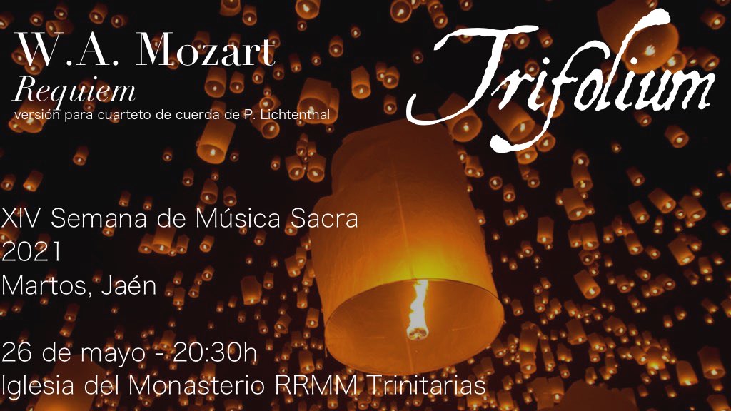 El miércoles 26 estaremos en la Semana de Música Sacra de Martos (Jaén), intentando cerrar esta etapa. ¿Con qué mejor que con el #Requiem de #Mozart en versión cuarteto de cuerda?