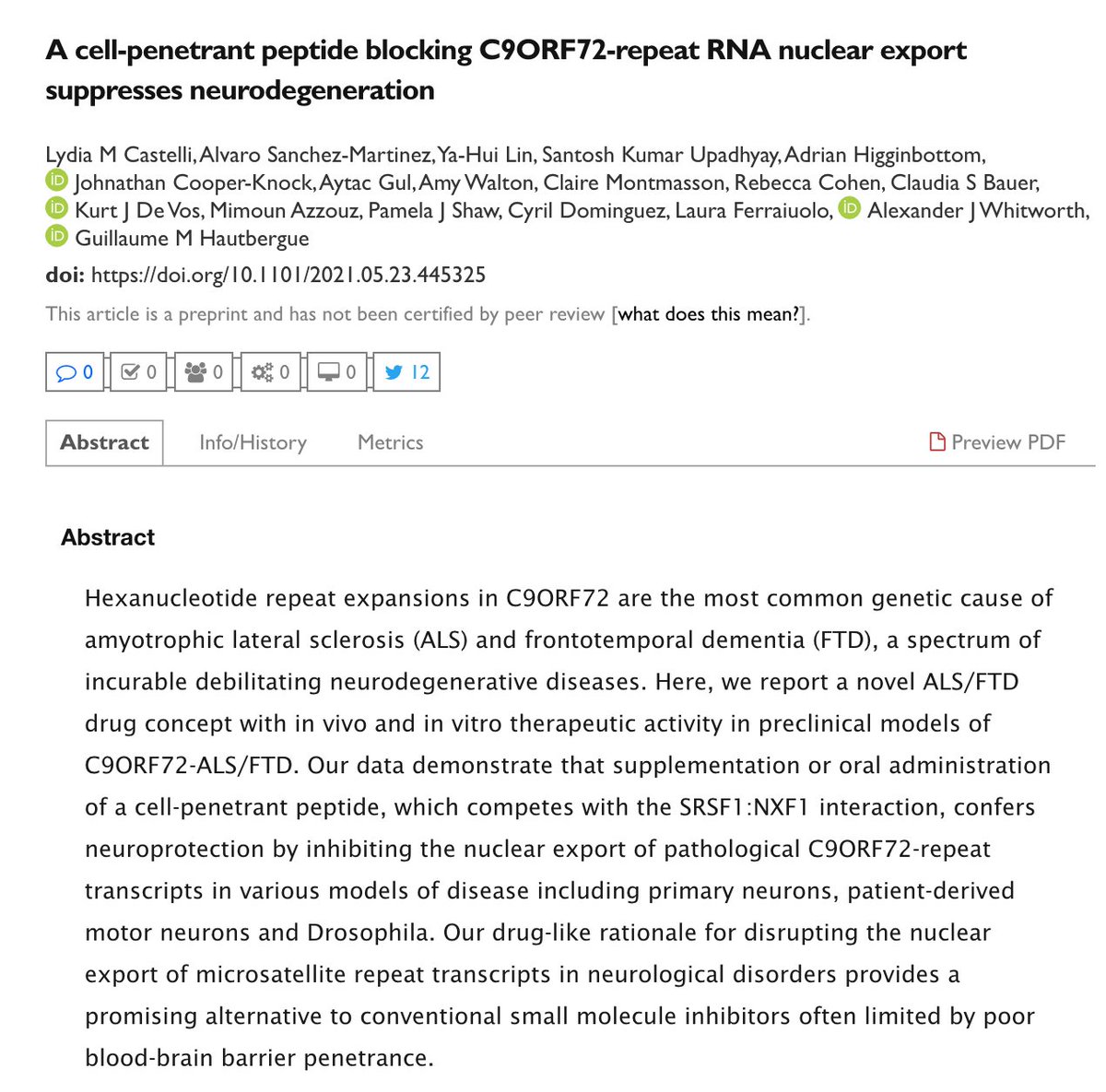 TweetALSMND's tweet photo. Could neurotoxicity in #C9orf72 #ALS #FTD be reduced by disrupting the #NuclearExport of repeat-rich RNAs? #DPRs
A cell-penetrant peptide blocking C9ORF72-repeat RNA nuclear export suppresses neurodegeneration https://t.co/C4ezOSeA3X @GHautbergue via @BoeynaemsSteven #SRSF1 https://t.co/OQXcLUzdJi