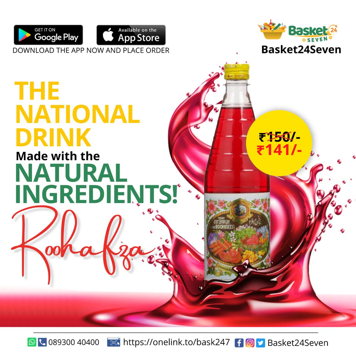 Basket24Seven's tweet photo. Taste true happiness! Enjoy classy &amp; lip- smacking drinks from @Basket24Seven.

For more queries contact at 8930040400 📞

Download the #app now &amp; place your order today: https://t.co/jZR5XvTaHj

#roohafza #drinkoftheday #summerdrink #summervibesonly #grocerylist #grocerydelivery https://t.co/L0FtNnMG6C