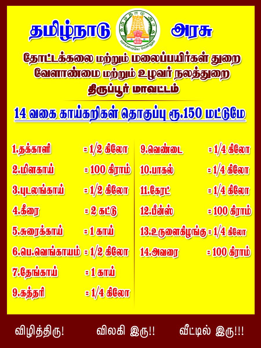 Vijaykarthikeyn's tweet photo. These Vegetable Packages worth Rs 30, Rs 50, Rs 100 and Rs 150 will also be available with our mobile vendors. #Tiruppur https://t.co/5U1SI2DDrn