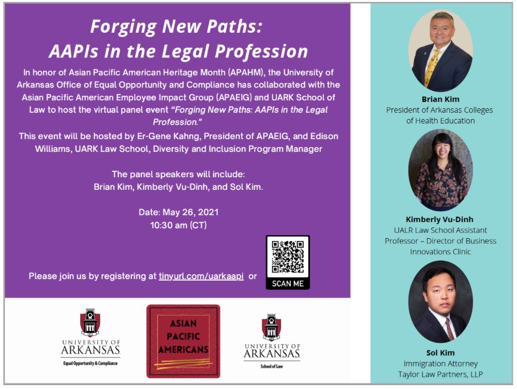 taylor_law_'s tweet photo. Attorney Sol Kim is excited to be a panelist on the upcoming “Forging New Paths: AAPIs in the Legal Profession” hosted by the @UArkansas School of Law. Join this incredible panel honoring Asian Pacific American Heritage Month virtually on Wednesday, May 26th at 10:30 a.m. CST. https://t.co/21y0wEorkS