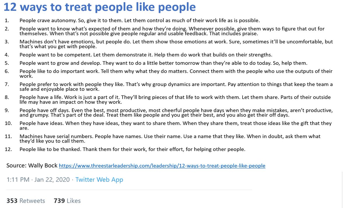 Helen Bevan (@helenbevan) on Twitter photo People want to be treated like people. They don't want to be treated like workers or employees or human resources or widgets. Treat people like people & everyone benefits. 12 ways to do this by <a href="/wallybock/">Wally Bock</a> threestarleadership.com/leadership/12-… #100RepeatTweets no. 66 People want to be treated like people. They don't want to be treated like workers or employees or human resources or widgets. Treat people like people & everyone benefits. 12 ways to do this by <a href="/wallybock/">Wally Bock</a> threestarleadership.com/leadership/12-… #100RepeatTweets no. 66