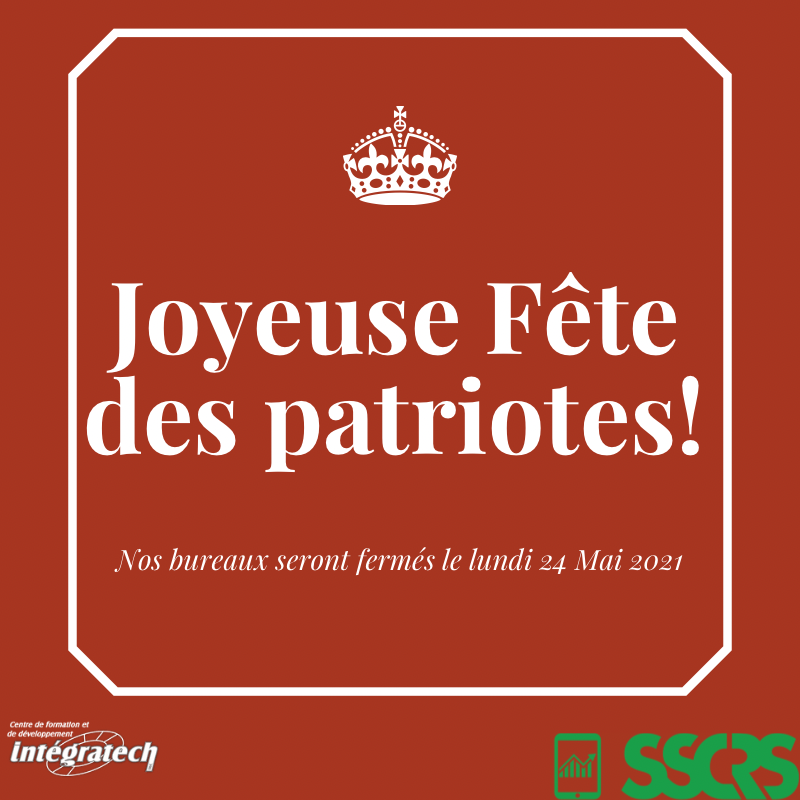 Veuillez prendre note que nos bureaux seront fermés le lundi 24 Mai pour la fête des patriotes.

Notre équipe sera de retour le mardi 25 Mai à partir de 8h.
Amusez-vous bien et bonne longue fin de semaine.