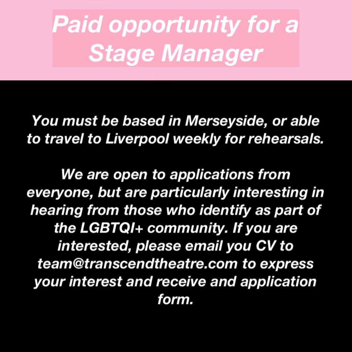 transcend theatre (@transcendtheat1) on Twitter photo 🌹 WORK WITH US 🌹
We are open to applications from everyone, but are particularly interesting in hearing from those who identify as part of the LGBTQI+ community. If you’re interested, email you CV to team@transcendtheatre.com to express interest and get an application form. 🌹 WORK WITH US 🌹
We are open to applications from everyone, but are particularly interesting in hearing from those who identify as part of the LGBTQI+ community. If you’re interested, email you CV to team@transcendtheatre.com to express interest and get an application form.