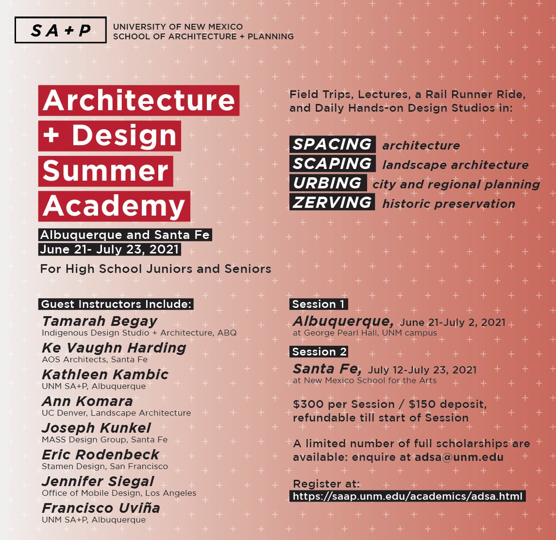We're launching the Architecture + Design Summer Academy, SA+P’s new program for high school teens, with two-week in-person sessions in Albuquerque (June 21-July 2) and Santa Fe (July 12-23). Learn more and register at saap.unm.edu/academics/adsa…