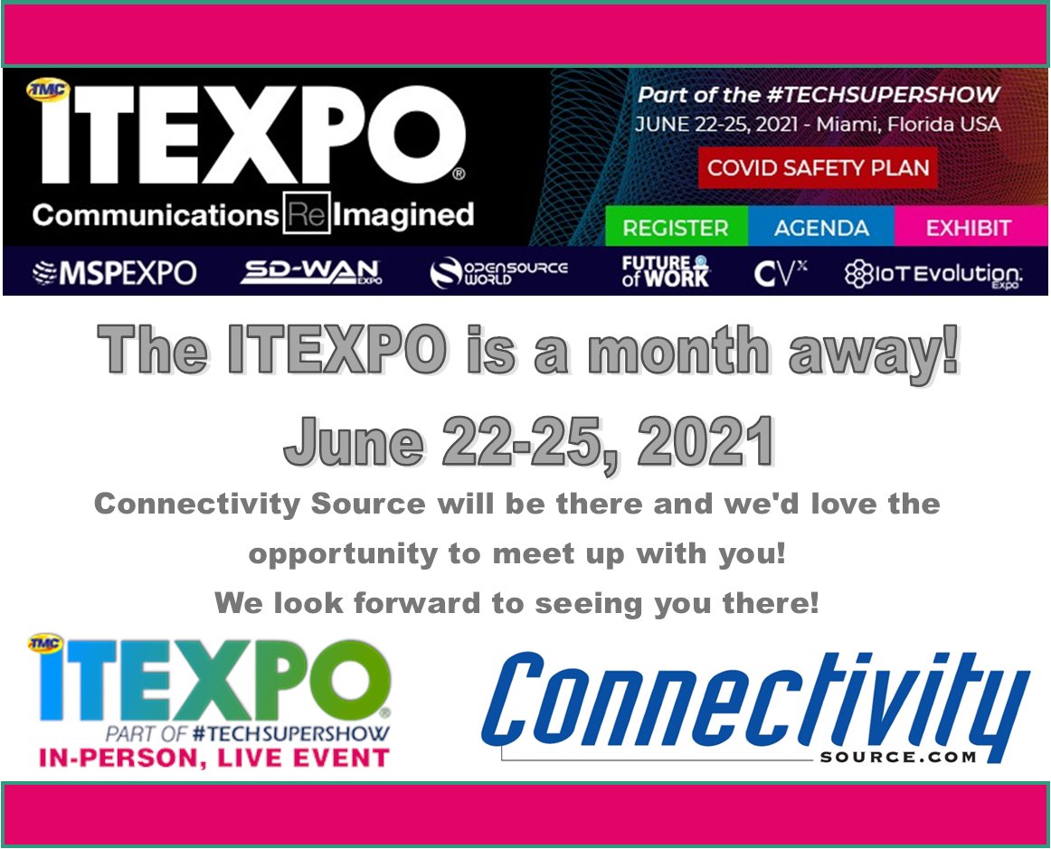 connectivity1's tweet image. Connectivity Source is headed to the 2021 @ITEXPO in Miami, Florida!
Are you going? We'd love to meet with you. Please reach out to us at marketing@connectivitysource or 919-781-4186 so we can coordinate a time that works best for you!
 #iot #telecomagent #TECHSUPERSHOW #ITEXPO