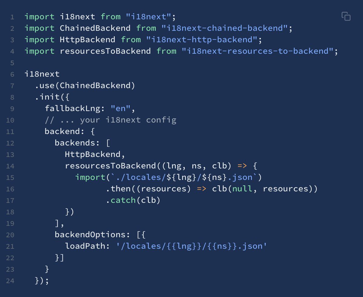 adrirai's tweet photo. With the power of #i18next-chained-backend, you not only can define #caching layers but can also define backend #fallbacks
i.e. having a #http endpoint serving the #translations but in case the endpoint is not reachable local or bundled resources are used: https://t.co/XmMSjeeWSB https://t.co/gktgugsVGo