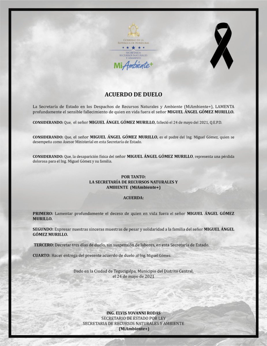 Nos solidarizamos con el Ing. Miguel Gómez, quien labora como Asesor Ministerial de esta Secretaría de Estado, por el sensible fallecimiento de su padre, Miguel Ángel Gómez Murillo (Q. D. D. G.).🕊
